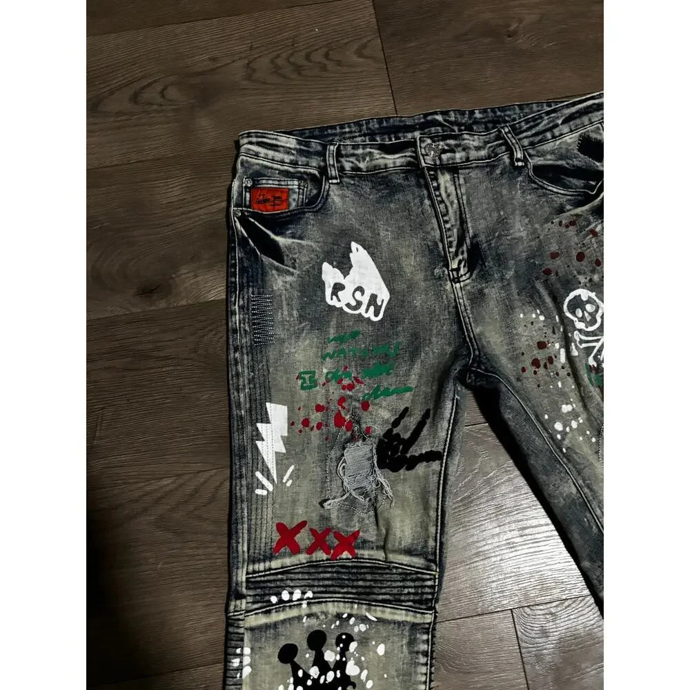 BIEPA Jeans Men’s Size 38 Distressed Moto Graffiti Skinny Jeans